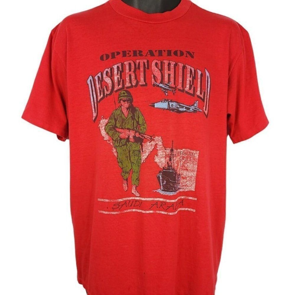 Operation Desert Shield T Shirt Vintage 90s Fighter Jet Saudi Arabia Mens Size L